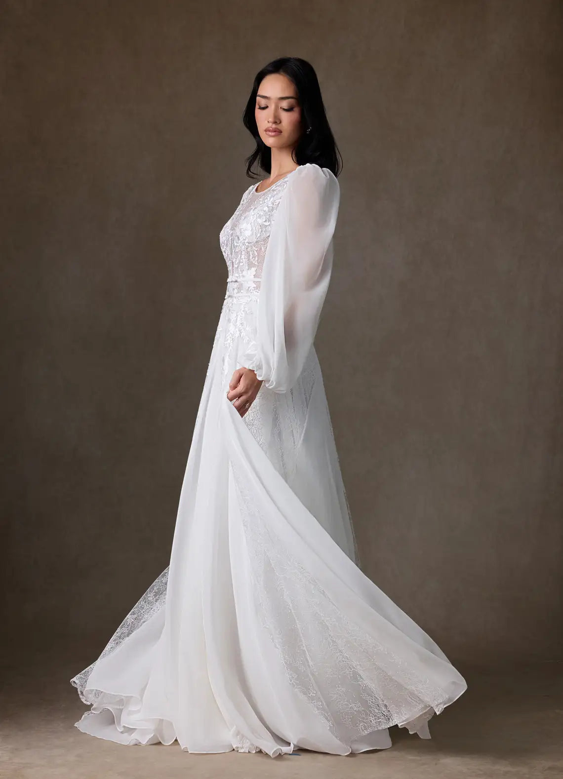 Voluminous sheer puff sleeves Illusion Neck Lace Chiffon A-Line Wedding Dress with Puff Sleeves