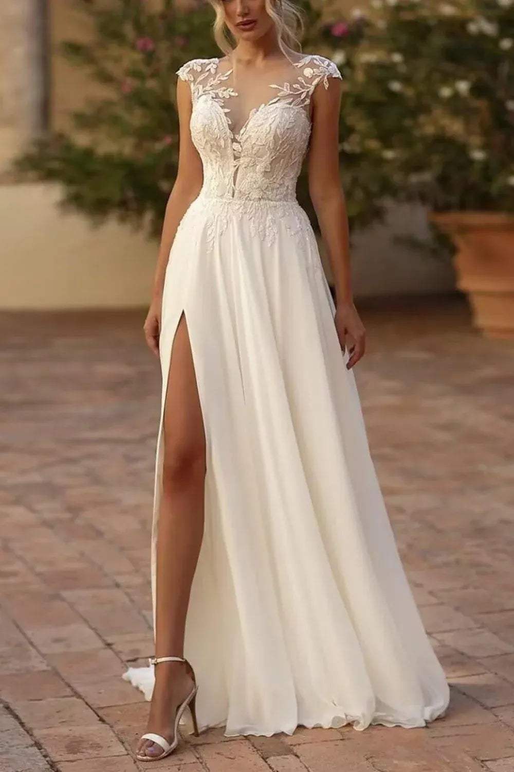 Illusion Neck Lace Chiffon A-Line Wedding Dress with Slit & Cap Sleeves - Romantic Bridal Gown