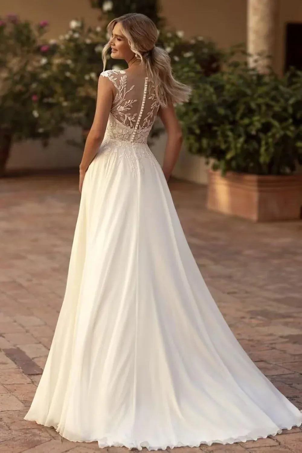 Illusion Neck Lace Chiffon A-Line Wedding Dress with Slit & Cap Sleeves - Romantic Bridal Gown