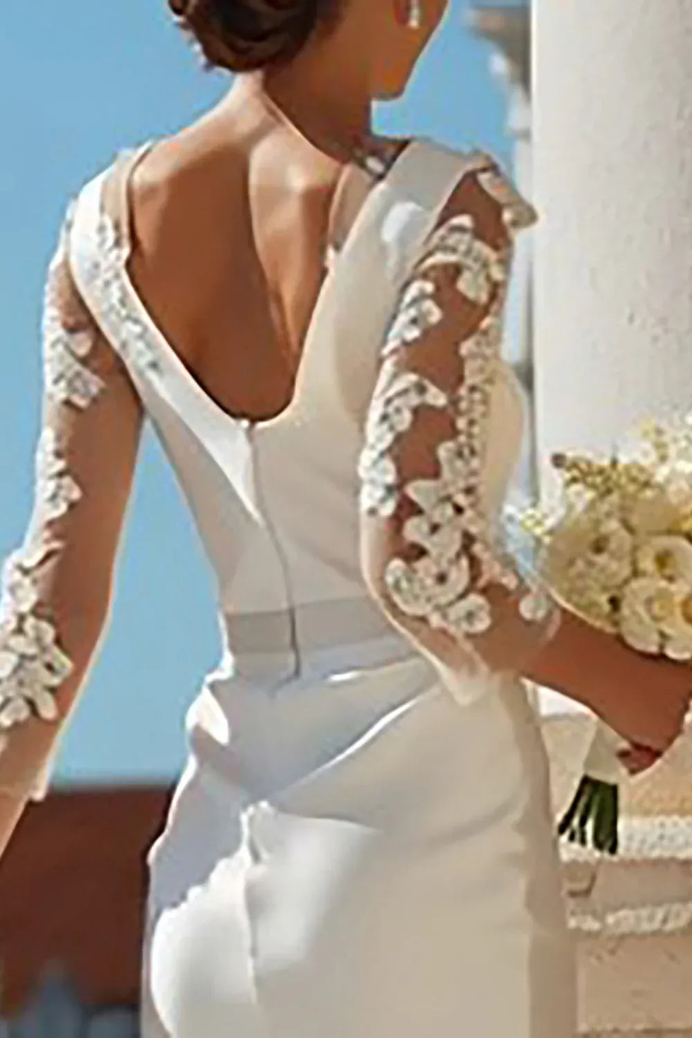 Illusion Neck Lace Sleeve Satin Midi Wedding Dress with V-Back