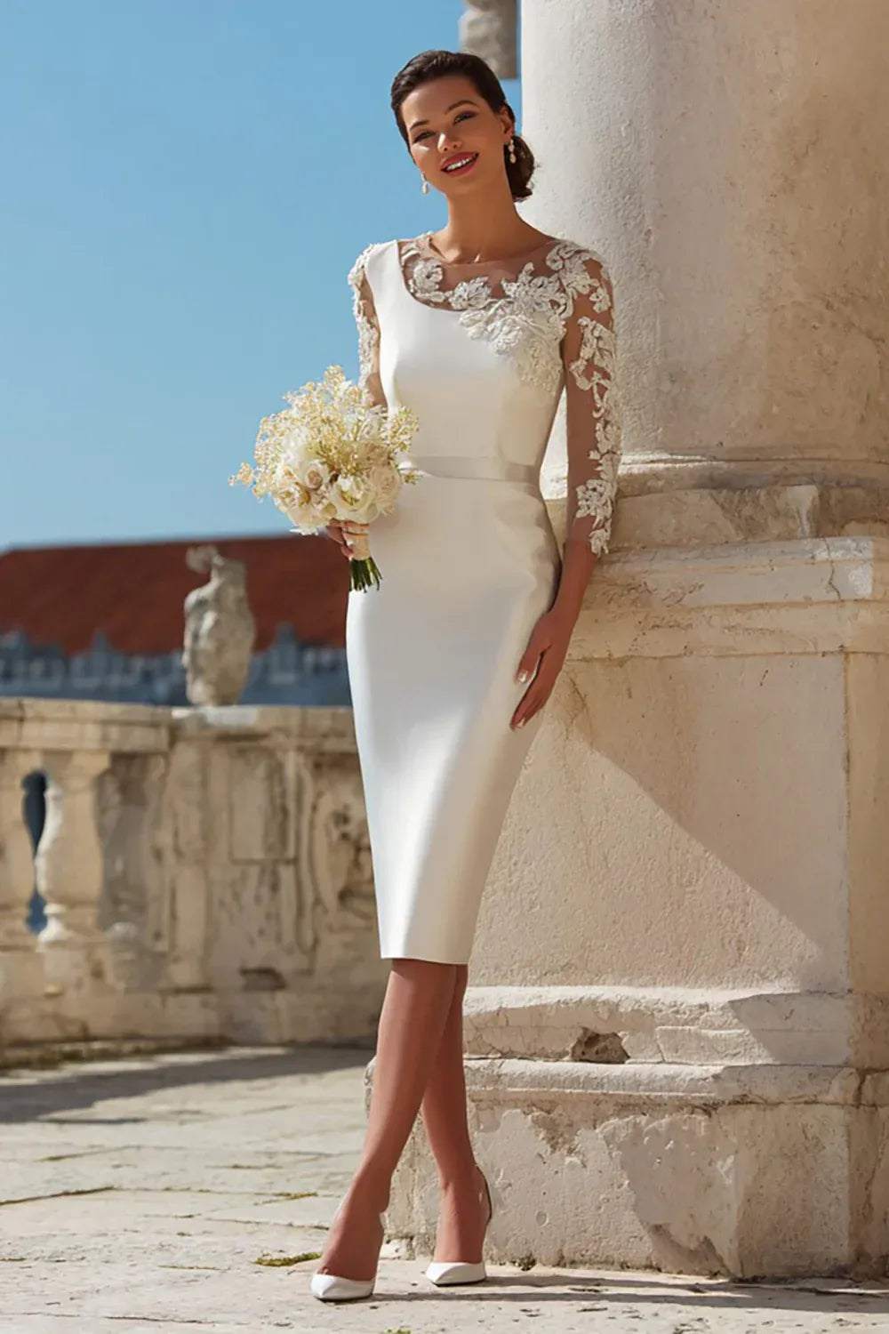 Illusion Neck Lace Sleeve Satin Midi Wedding Dress with V-Back
