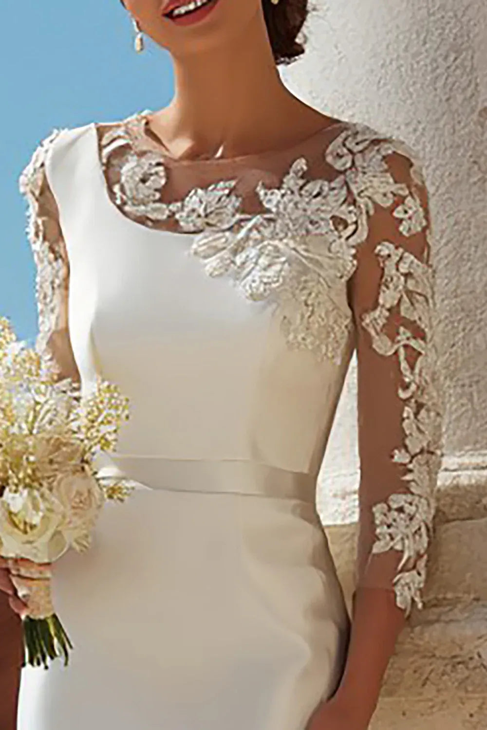 Illusion Neck Lace Sleeve Satin Midi Wedding Dress with V-Back