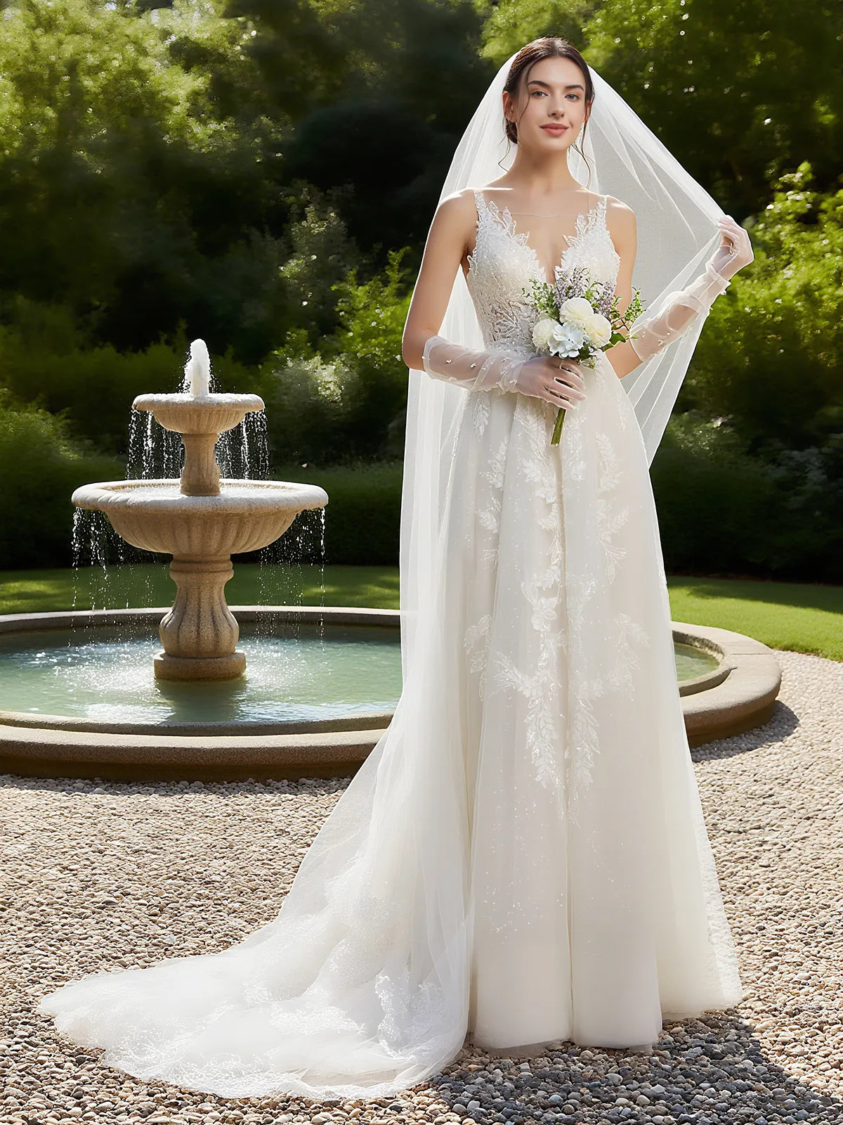 Illusion V-Neck Lace A-Line Wedding Dress with Beaded Tulle & Low Back - Romantic Garden Bridal Gown