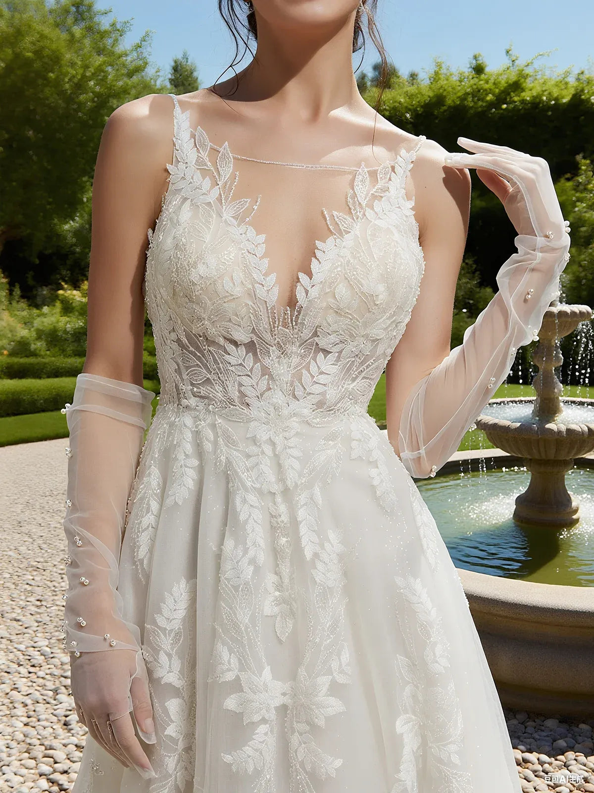 Illusion V-Neck Lace A-Line Wedding Dress with Beaded Tulle & Low Back - Romantic Garden Bridal Gown