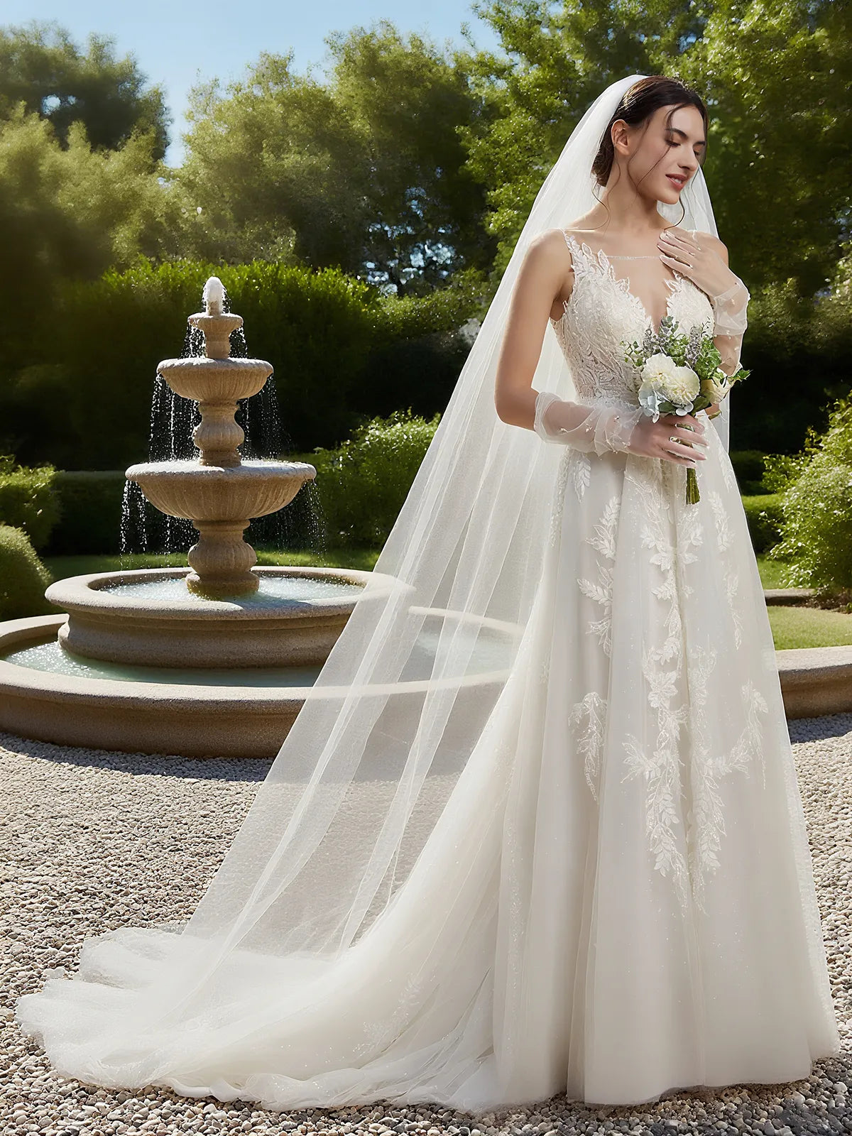 Illusion V-Neck Lace A-Line Wedding Dress with Beaded Tulle & Low Back - Romantic Garden Bridal Gown