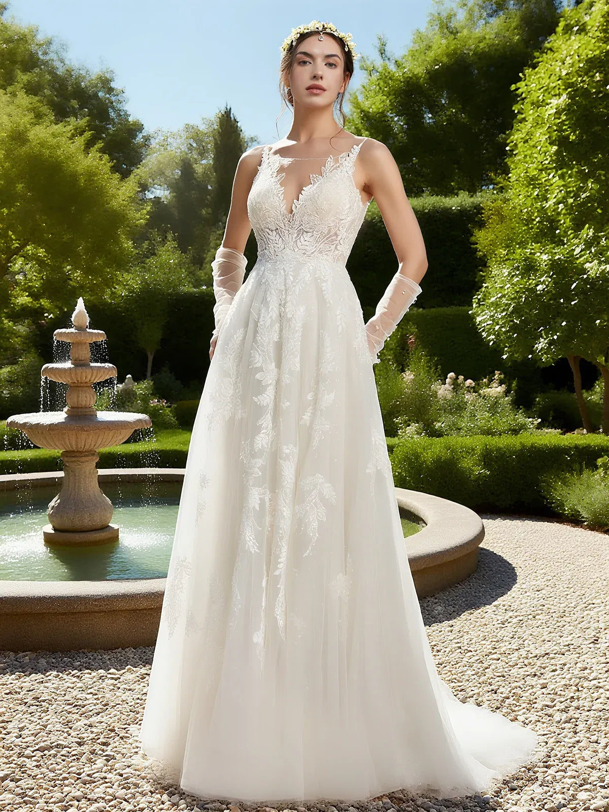 Illusion V-Neck Lace A-Line Wedding Dress with Beaded Tulle & Low Back - Romantic Garden Bridal Gown