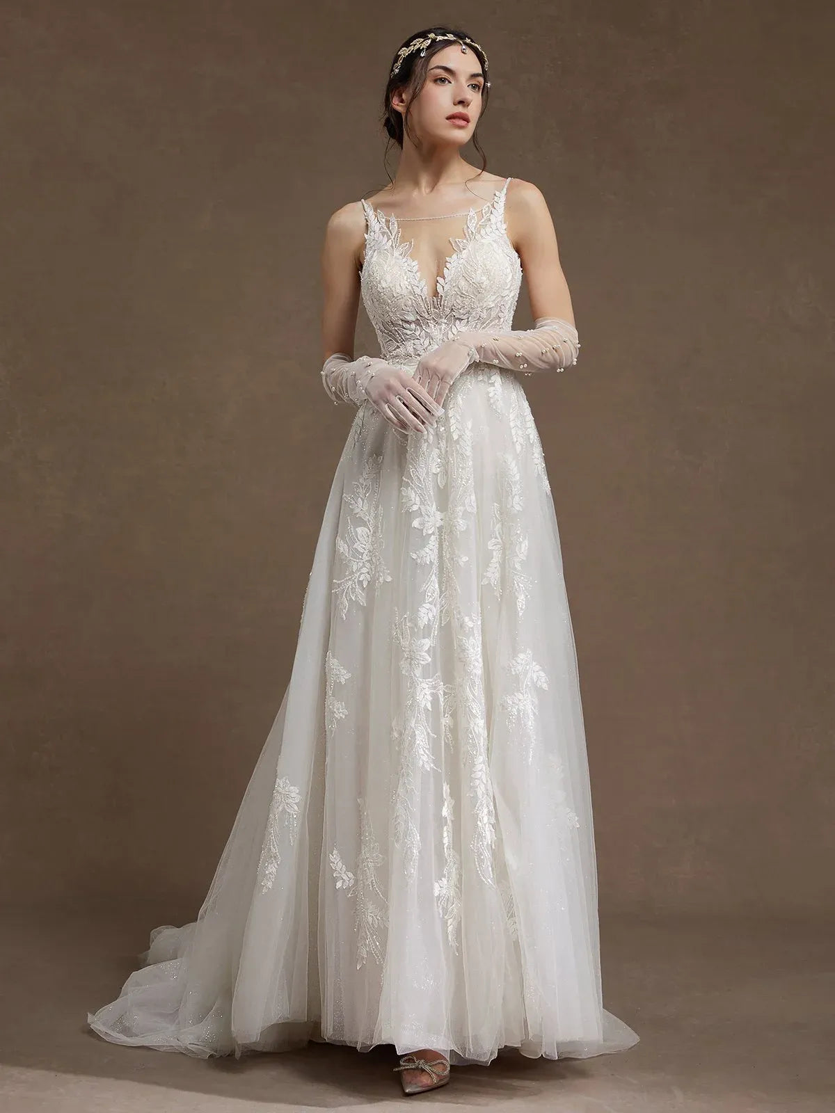 Illusion V-Neck Lace A-Line Wedding Dress with Beaded Tulle & Low Back - Romantic Garden Bridal Gown