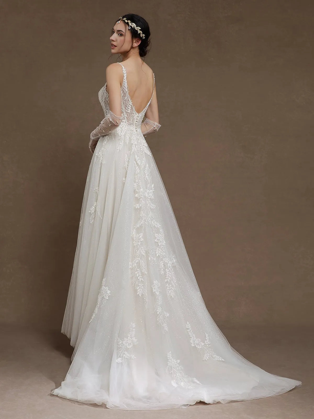 Illusion V-Neck Lace A-Line Wedding Dress with Beaded Tulle & Low Back - Romantic Garden Bridal Gown