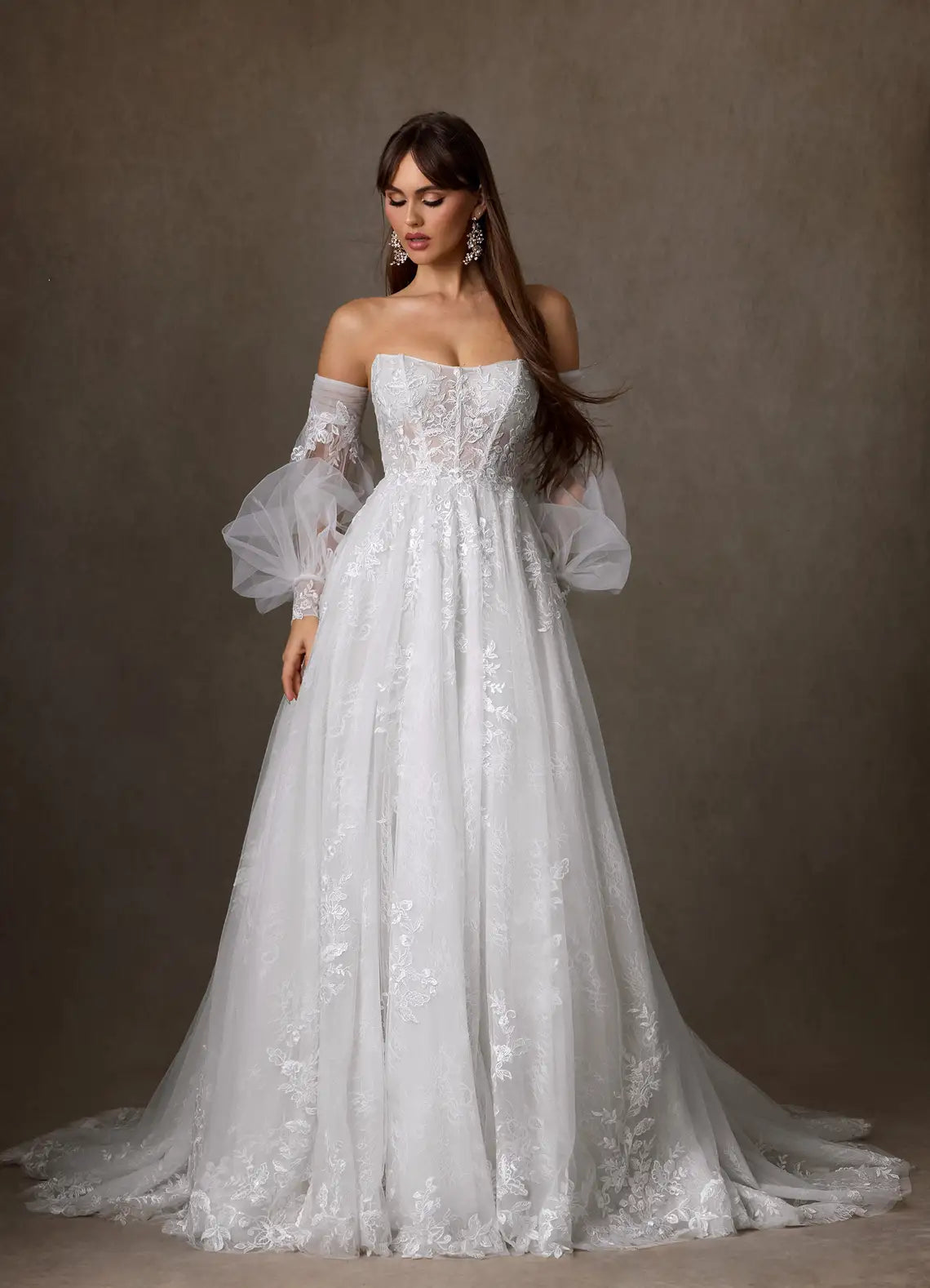Intricate Floral Lace Appliques Off-the-Shoulder Puff Sleeve Lace Tulle Ball Gown Wedding Dress