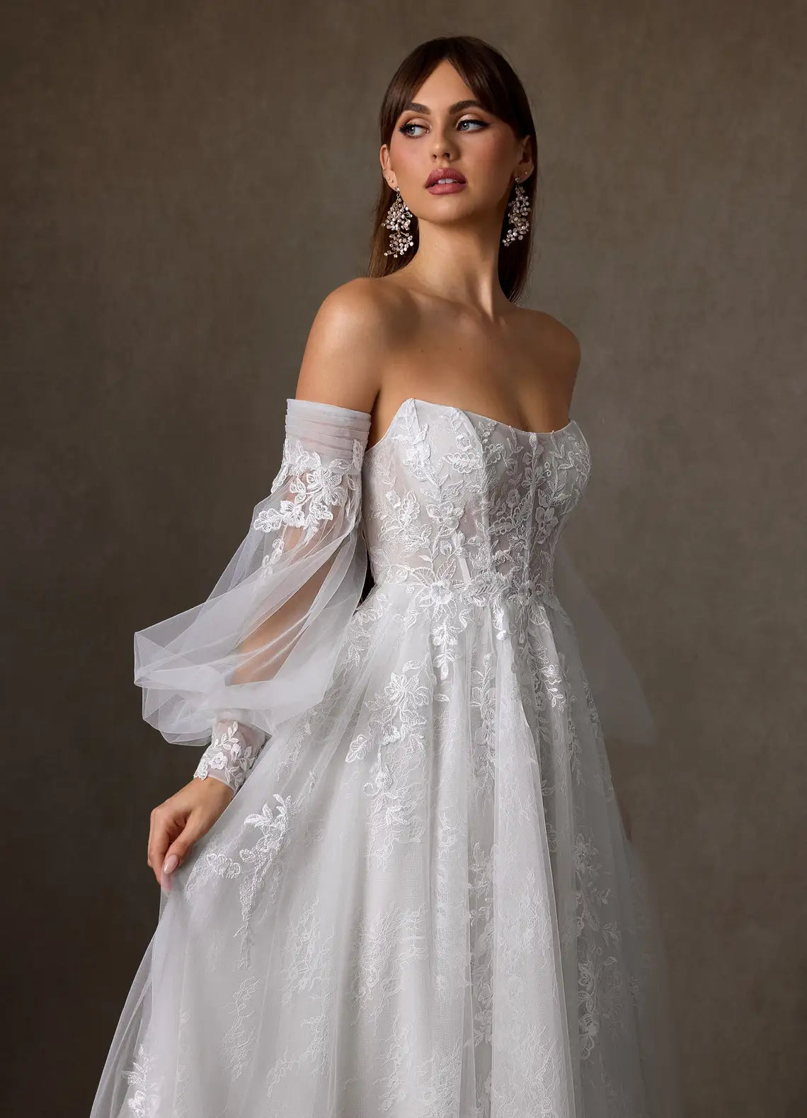 Intricate Floral Lace Appliques Off-the-Shoulder Puff Sleeve Lace Tulle Ball Gown Wedding Dress