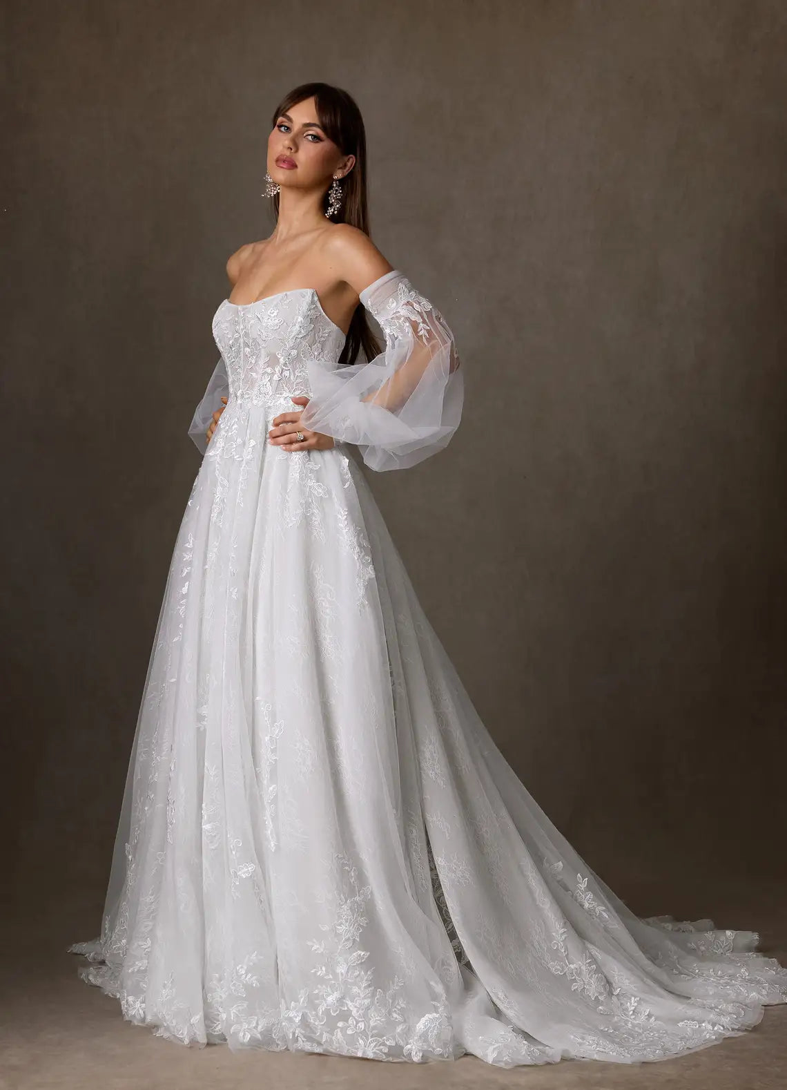 Intricate Floral Lace Appliques Off-the-Shoulder Puff Sleeve Lace Tulle Ball Gown Wedding Dress