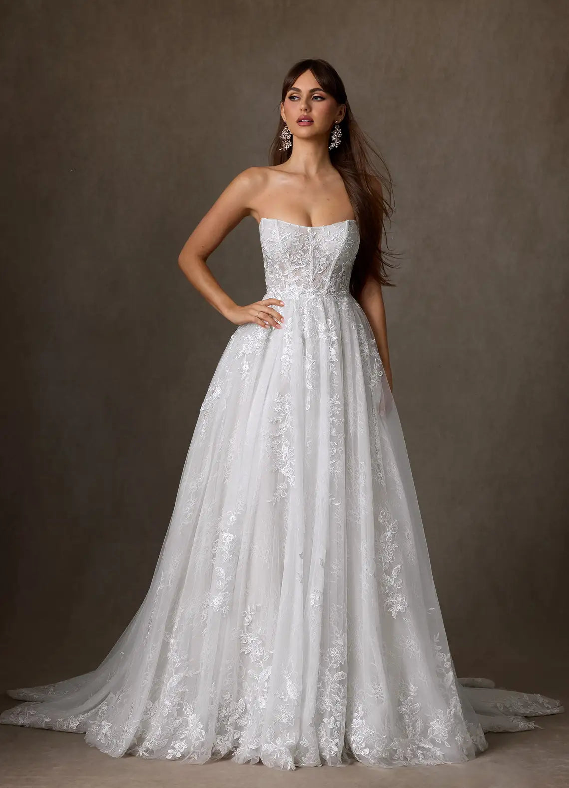 Intricate Floral Lace Appliques Off-the-Shoulder Puff Sleeve Lace Tulle Ball Gown Wedding Dress
