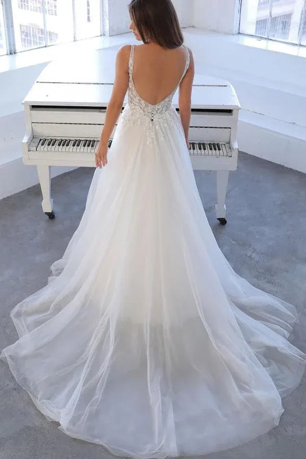Intricate Floral lace Appliques on the Bodice Deep V-Neck Lace Tulle A-Line Wedding Dress with Low Back