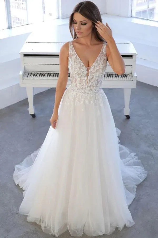 Intricate Floral lace Appliques on the Bodice Deep V-Neck Lace Tulle A-Line Wedding Dress with Low Back