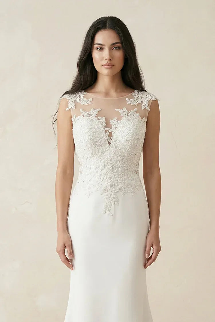 Intricate beaded floral lace Illusion Neck Lace Mermaid Wedding Dress with Keyhole Back