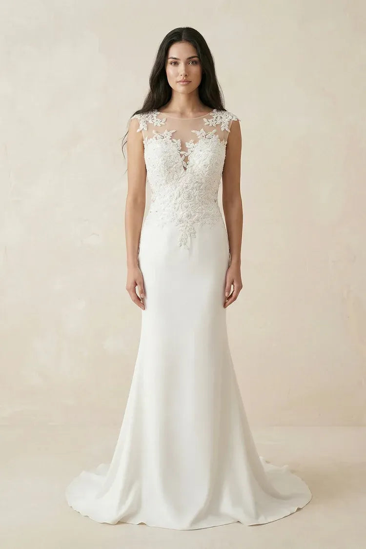 Intricate beaded floral lace Illusion Neck Lace Mermaid Wedding Dress with Keyhole Back