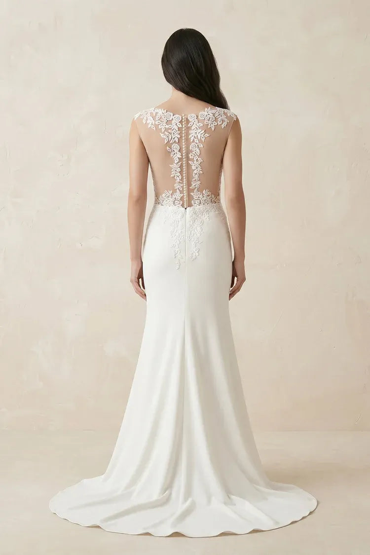 Intricate beaded floral lace Illusion Neck Lace Mermaid Wedding Dress with Keyhole Back