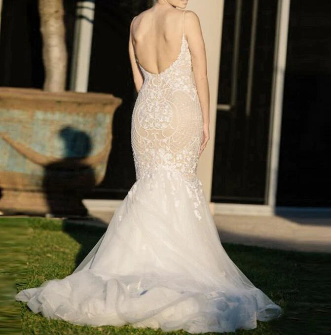 Ivory Mermaid Backless Spaghetti Straps Court Train Lace Tulle Wedding Dress