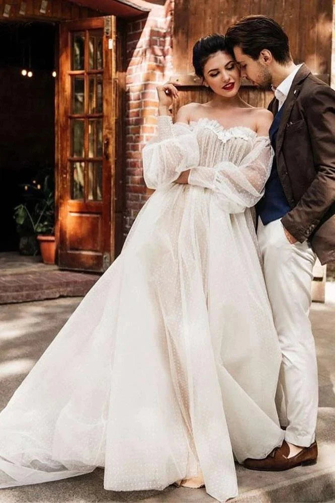 Dingji WeddingjiDress Ivory Tulle Off the Shoulder Bride Dress Simple Long Puffy Sleeves Wedding Gown