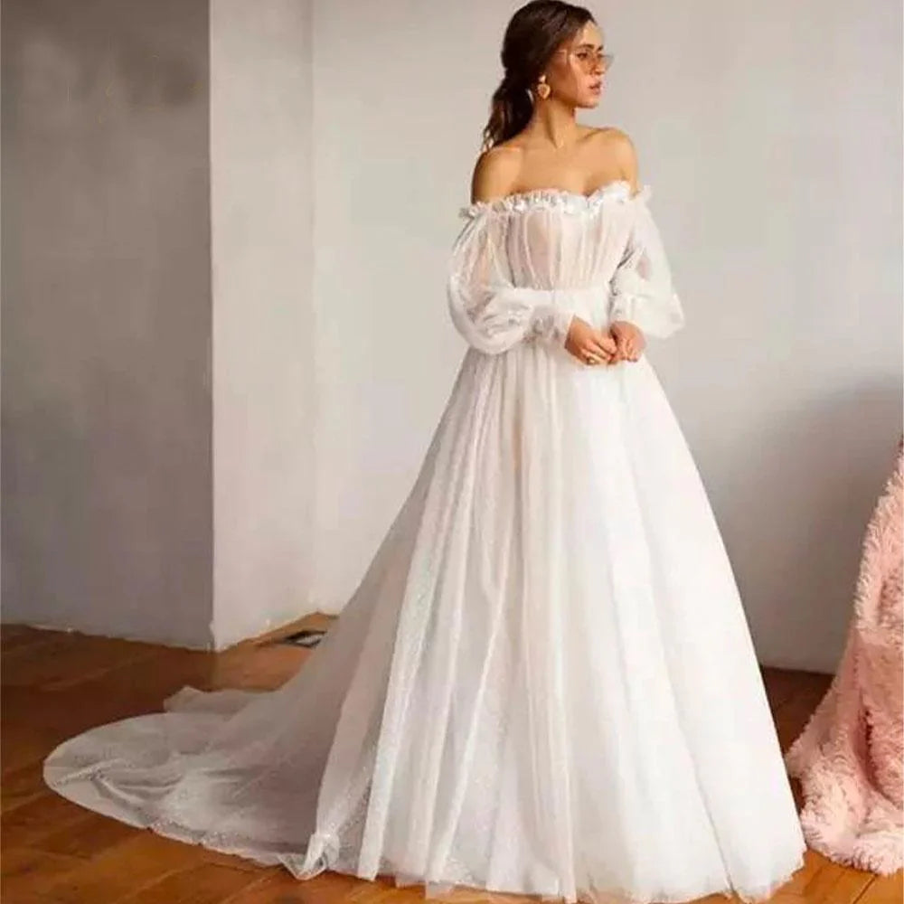 Dingji WeddingjiDress Ivory Tulle Off the Shoulder Bride Dress Simple Long Puffy Sleeves Wedding Gown