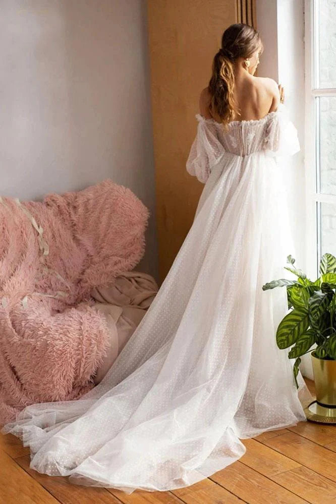 Dingji WeddingjiDress Ivory Tulle Off the Shoulder Bride Dress Simple Long Puffy Sleeves Wedding Gown