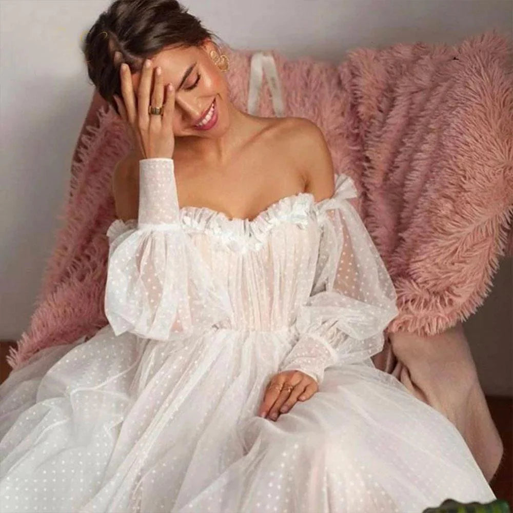 Dingji WeddingjiDress Ivory Tulle Off the Shoulder Bride Dress Simple Long Puffy Sleeves Wedding Gown
