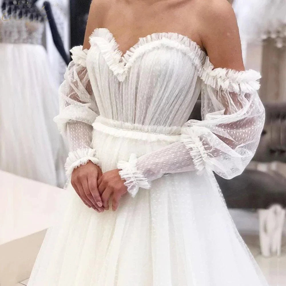 Dingji WeddingjiDress Ivory Tulle Off the Shoulder Bride Dress Simple Long Puffy Sleeves Wedding Gown
