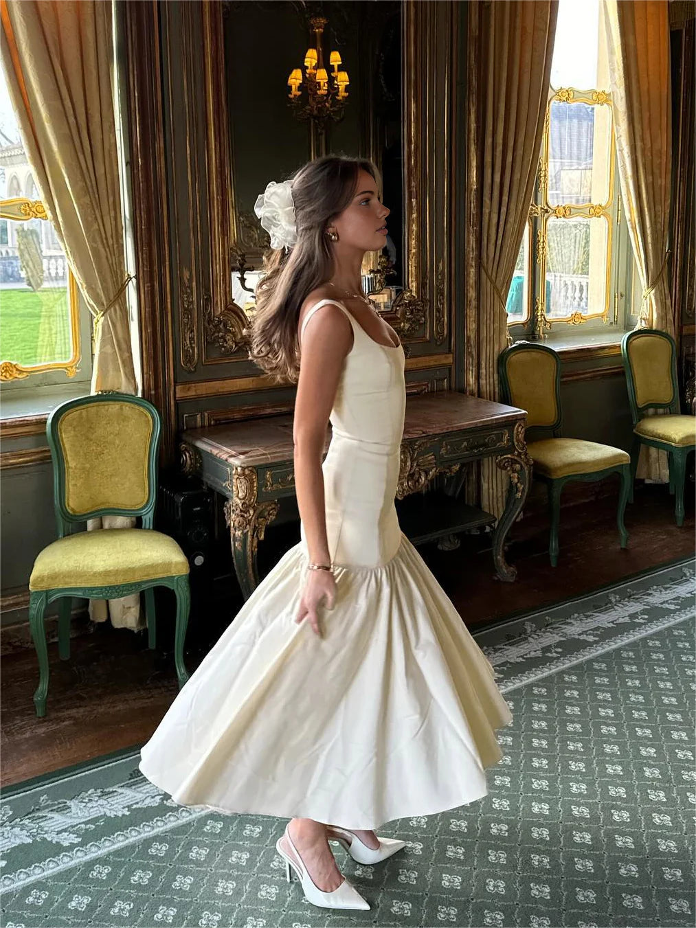 Ivory Midi Dresses with Square Neck Wide Straps Fitted Bodice Ruffle Flounce Hem and Structured Fabric