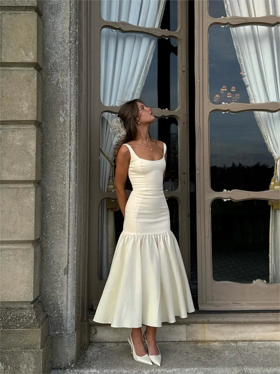 Ivory Midi Dresses with Square Neck Wide Straps Fitted Bodice Ruffle Flounce Hem and Structured Fabric