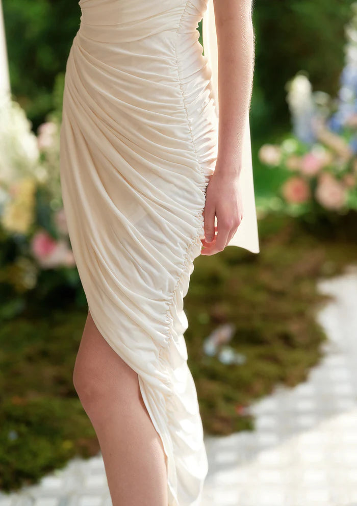 Ivory Ruched Midi Dresses with Halter Neck Floral Accents Back Tie Detail and Ruched Skirt