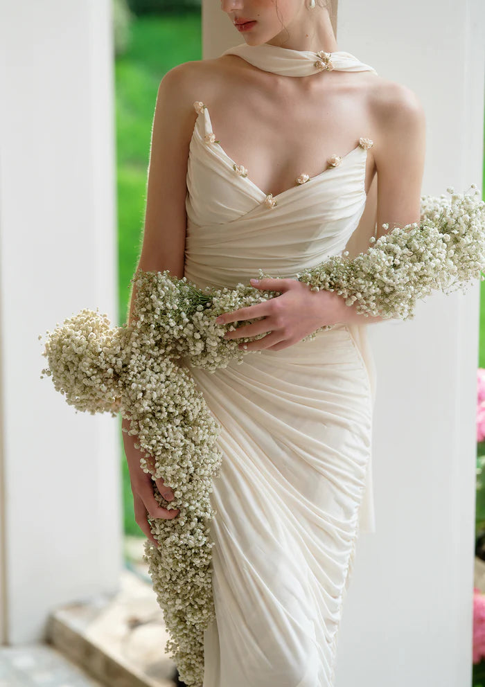 Ivory Ruched Midi Dresses with Halter Neck Floral Accents Back Tie Detail and Ruched Skirt