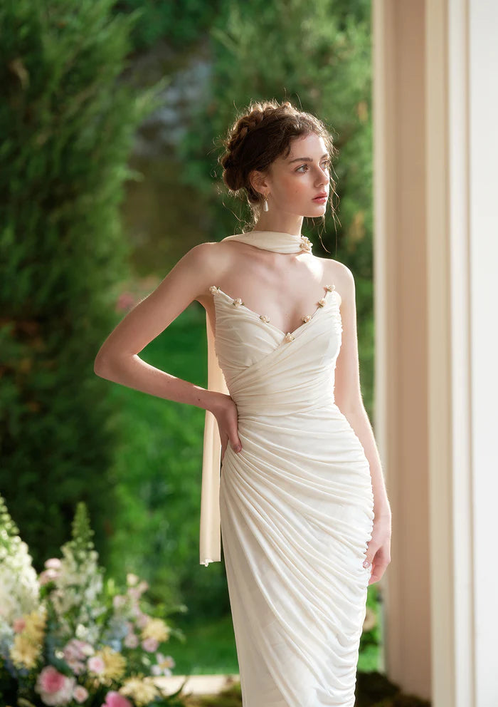 Ivory Ruched Midi Dresses with Halter Neck Floral Accents Back Tie Detail and Ruched Skirt