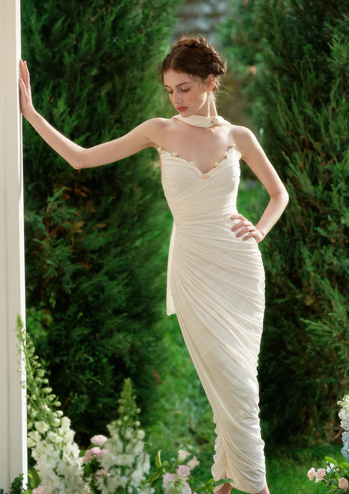 Ivory Ruched Midi Dresses with Halter Neck Floral Accents Back Tie Detail and Ruched Skirt