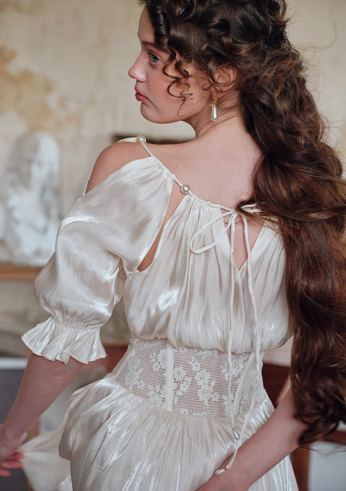 Ivory Shiny Satin Midi Dresses with Cold Shoulder Square Neck Puff Sleeves Lace Corset Waist and Back Tie Detail