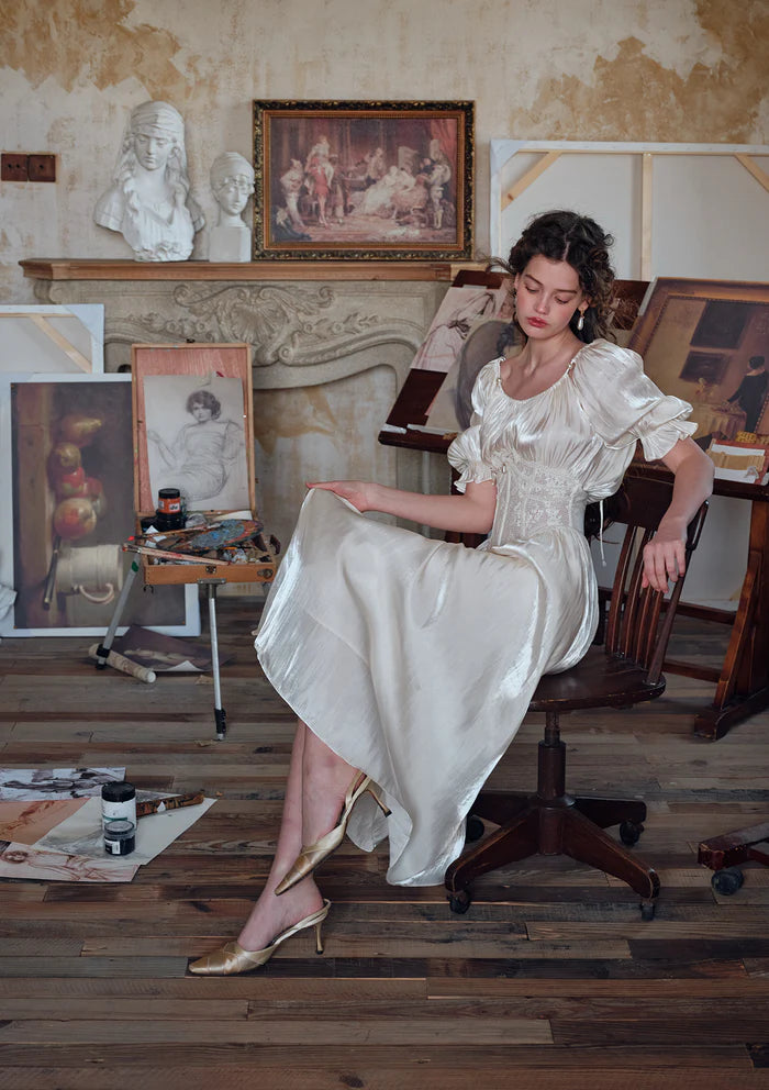 Ivory Shiny Satin Midi Dresses with Cold Shoulder Square Neck Puff Sleeves Lace Corset Waist and Back Tie Detail