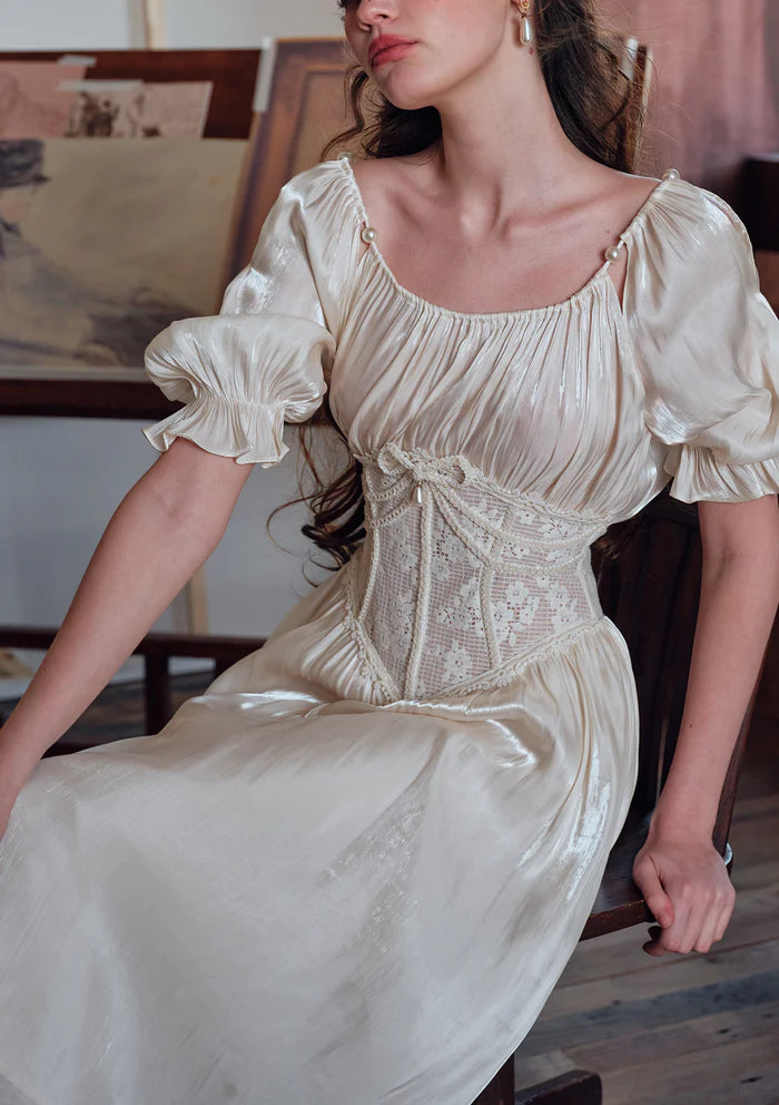 Ivory Shiny Satin Midi Dresses with Cold Shoulder Square Neck Puff Sleeves Lace Corset Waist and Back Tie Detail