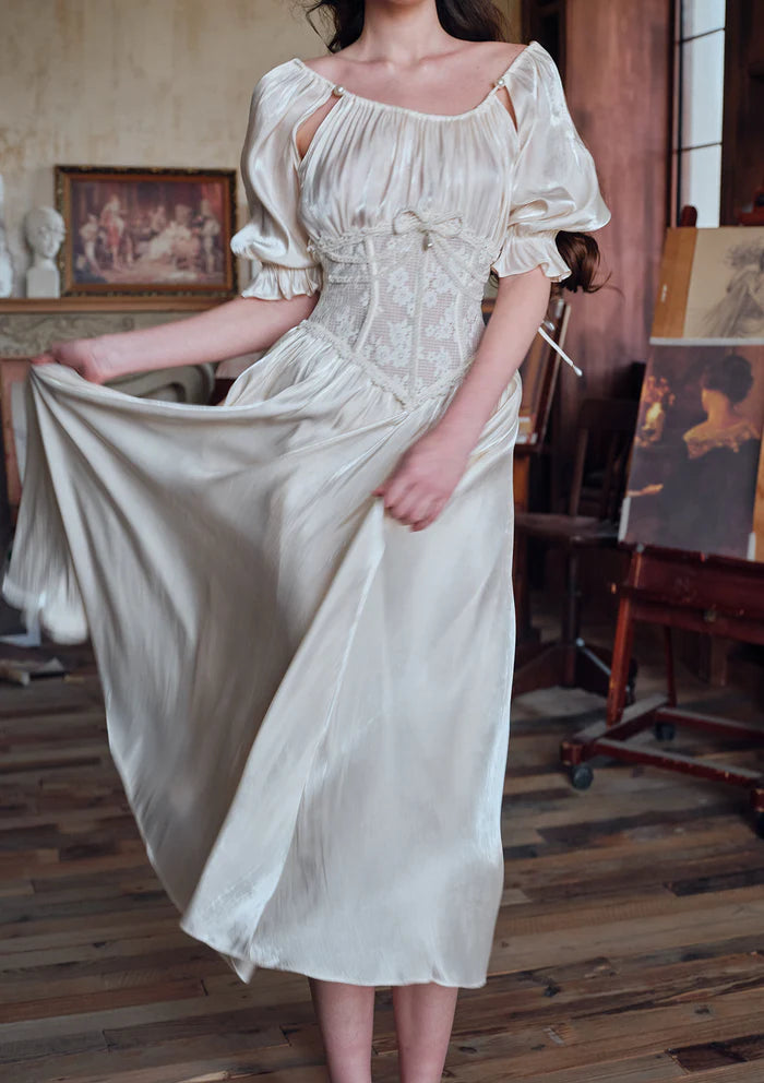 Ivory Shiny Satin Midi Dresses with Cold Shoulder Square Neck Puff Sleeves Lace Corset Waist and Back Tie Detail