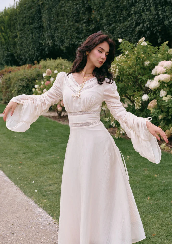 Ivory Textured Midi Dresses with V Neck Lace Trim Puff Long Sleeves Lace Waist Detail and Flowy Skirt