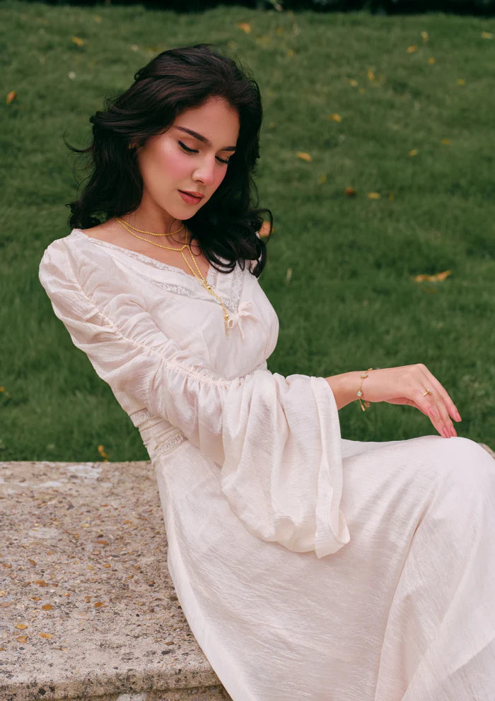 Ivory Textured Midi Dresses with V Neck Lace Trim Puff Long Sleeves Lace Waist Detail and Flowy Skirt