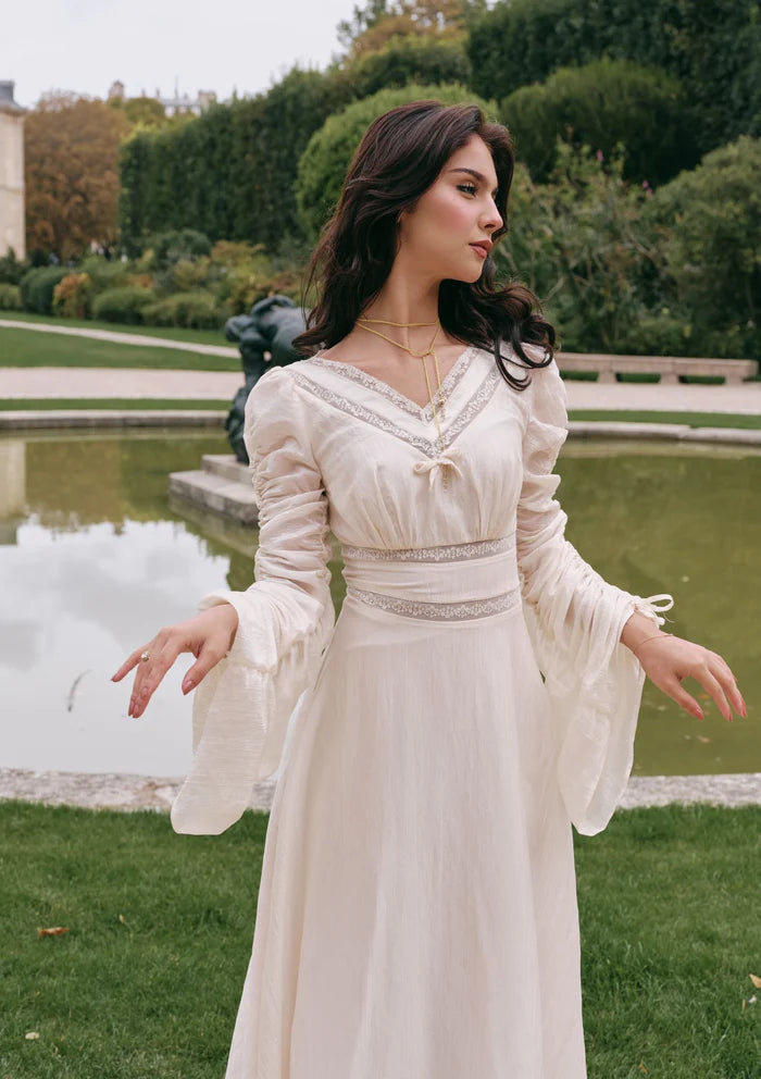 Ivory Textured Midi Dresses with V Neck Lace Trim Puff Long Sleeves Lace Waist Detail and Flowy Skirt