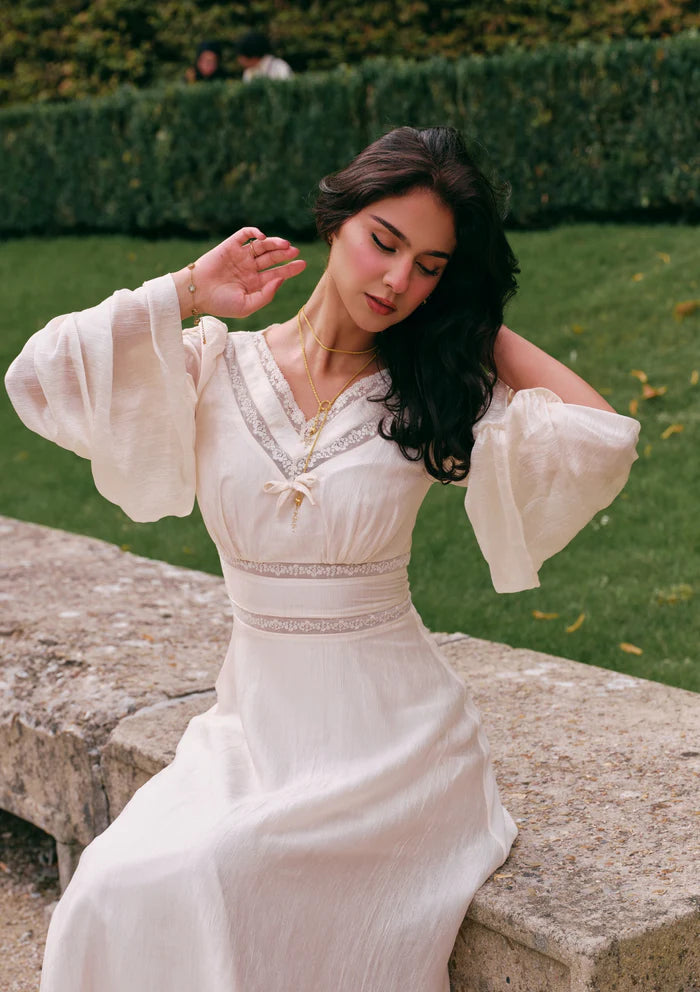 Ivory Textured Midi Dresses with V Neck Lace Trim Puff Long Sleeves Lace Waist Detail and Flowy Skirt