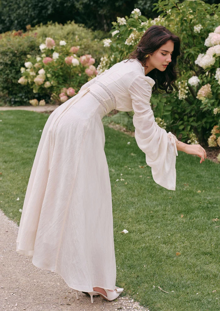 Ivory Textured Midi Dresses with V Neck Lace Trim Puff Long Sleeves Lace Waist Detail and Flowy Skirt