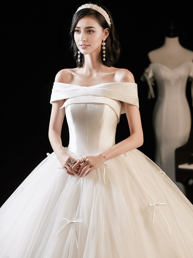 Off Shoulder Tulle Long Wedding Dress Ivory Bridal Gown