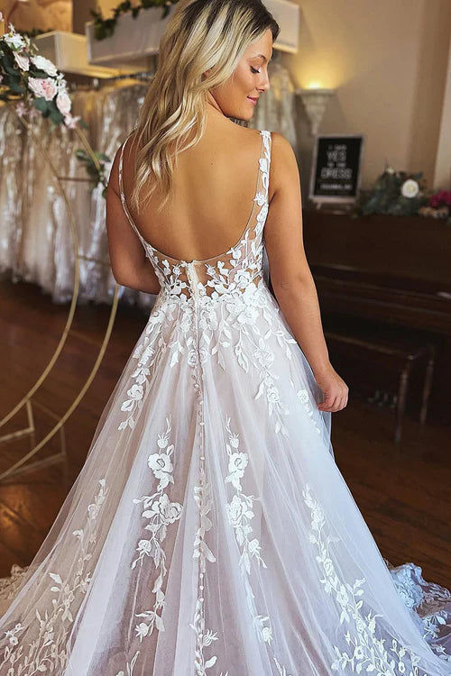 Ivory A-Line V-Neck Backless Long Lace Wedding Dress