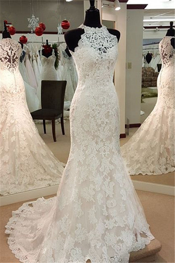 High Neck Mermaid Lace Wedding Dresses Sleeveless Vintage Bridal Dress