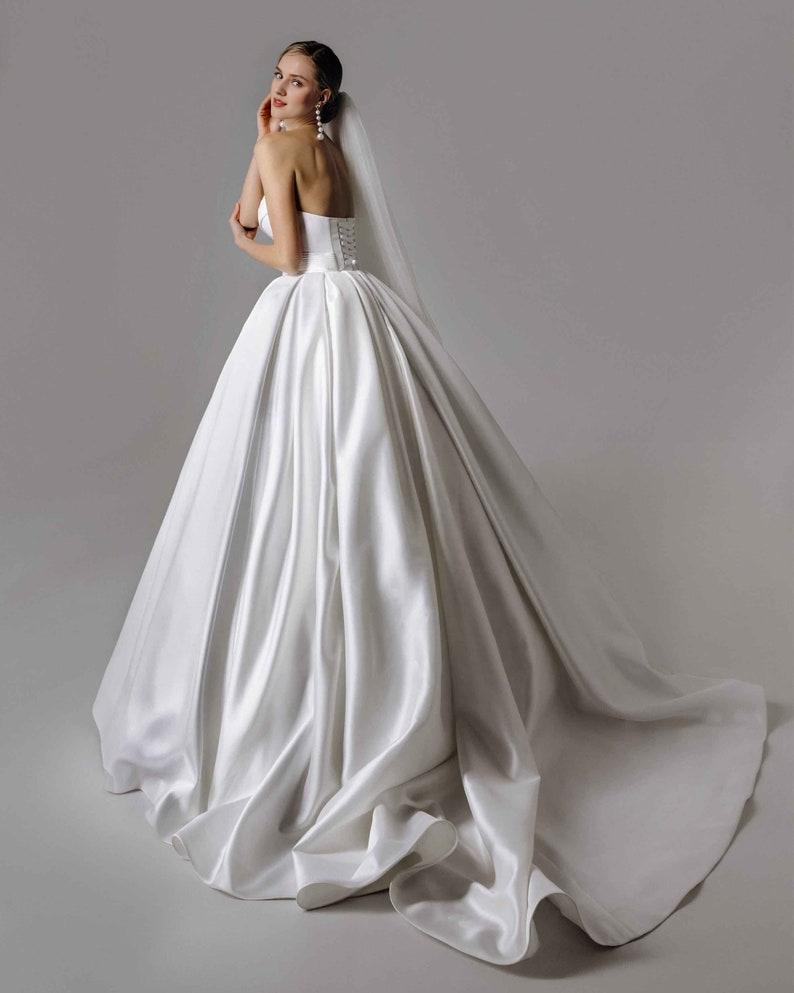 Satin Wedding Gown with Train Lush Royal Wedding Dress Open Shoulders Princess Wedding A line Ball Bridal Dress Ivory Cathedral Dress