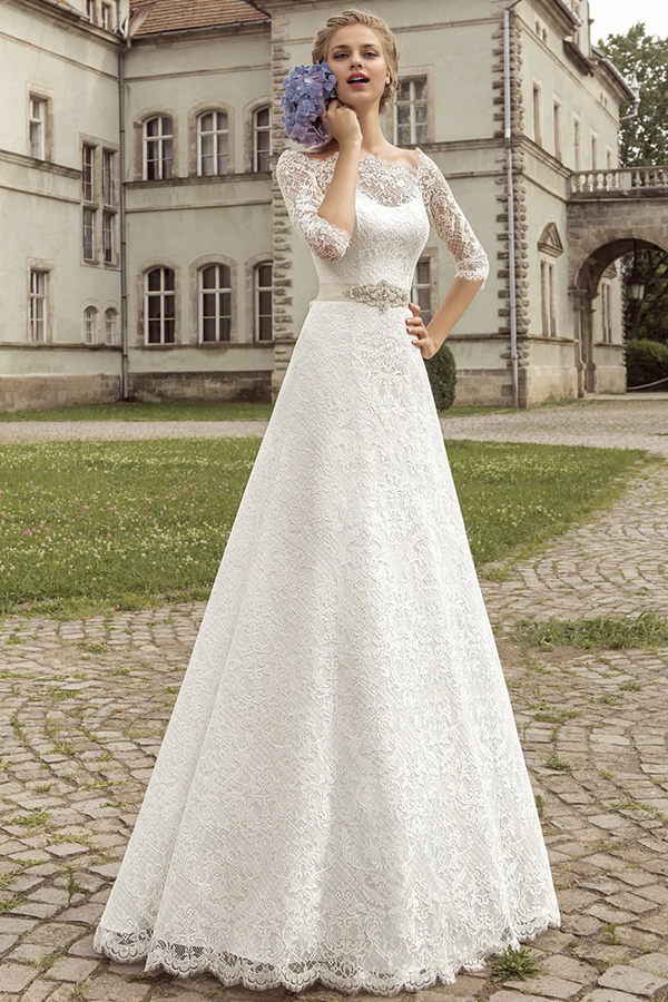 Lace Bridal Dress Half Sleeve A-line Wedding Dress