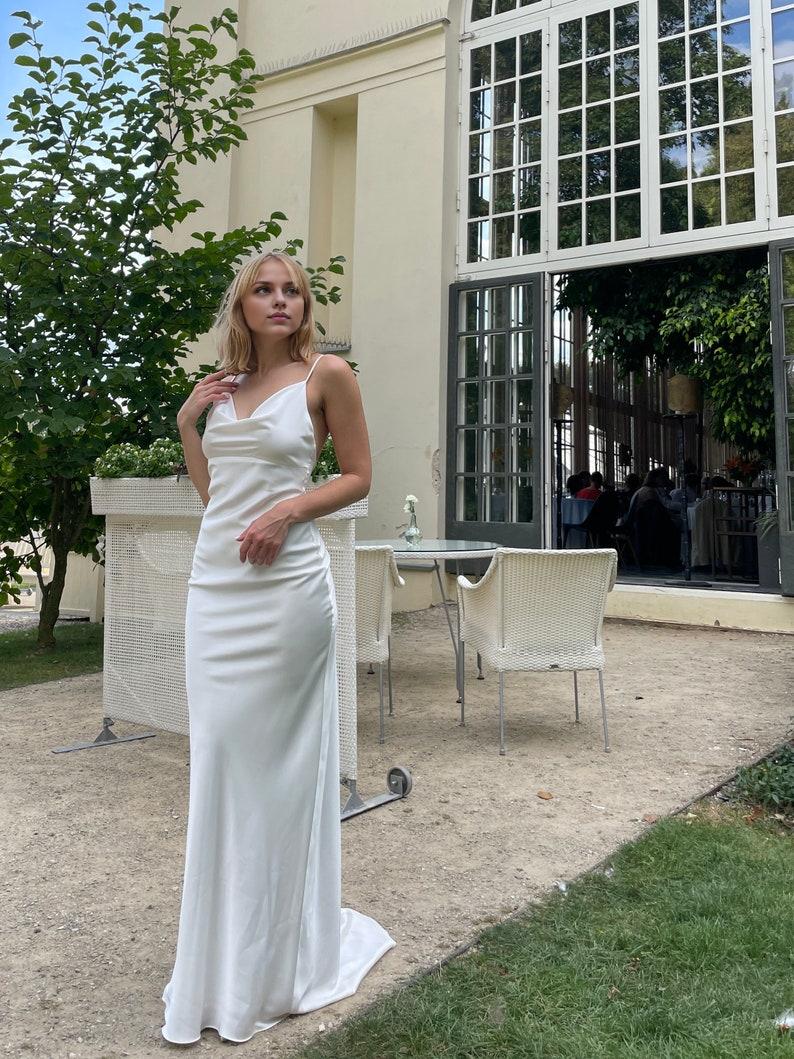 Wedding Dress With Cowl Neck And Train In Ivory Open Back Satin Slip Dress For Receptionss