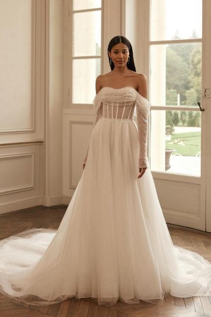 Noble long sleeved off shoulder long bridal dress