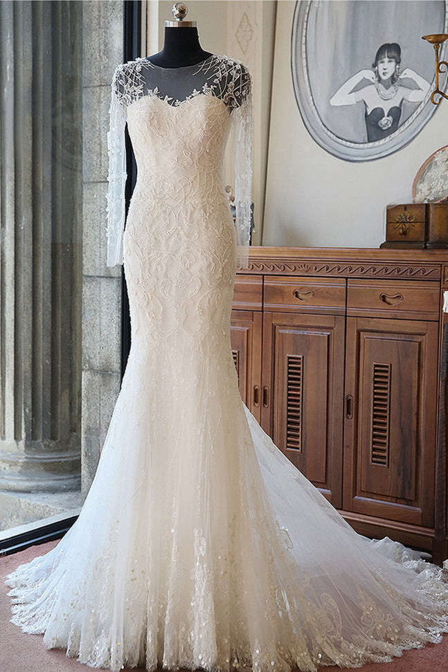 Long Sleeve Mermaid Tulle Bridal Gown New Arrival Court Train Wedding Dresses